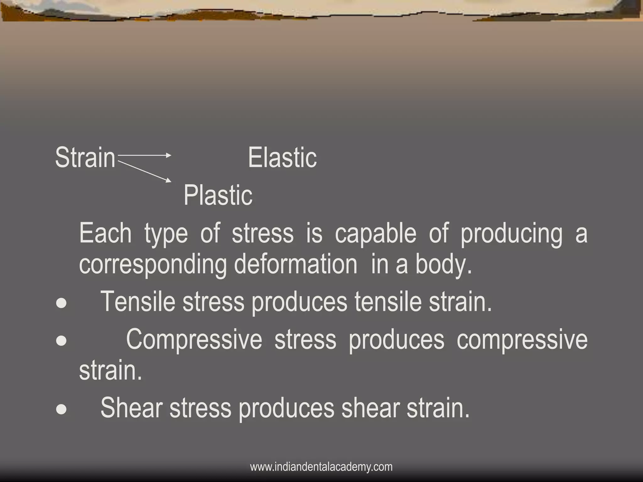 Strain

Elastic
Plastic
Each type of stress is capable of producing a
corresponding deformation in a body.
 Tensile stress produces tensile strain.

Compressive stress produces compressive
strain.
 Shear stress produces shear strain.
www.indiandentalacademy.com

 