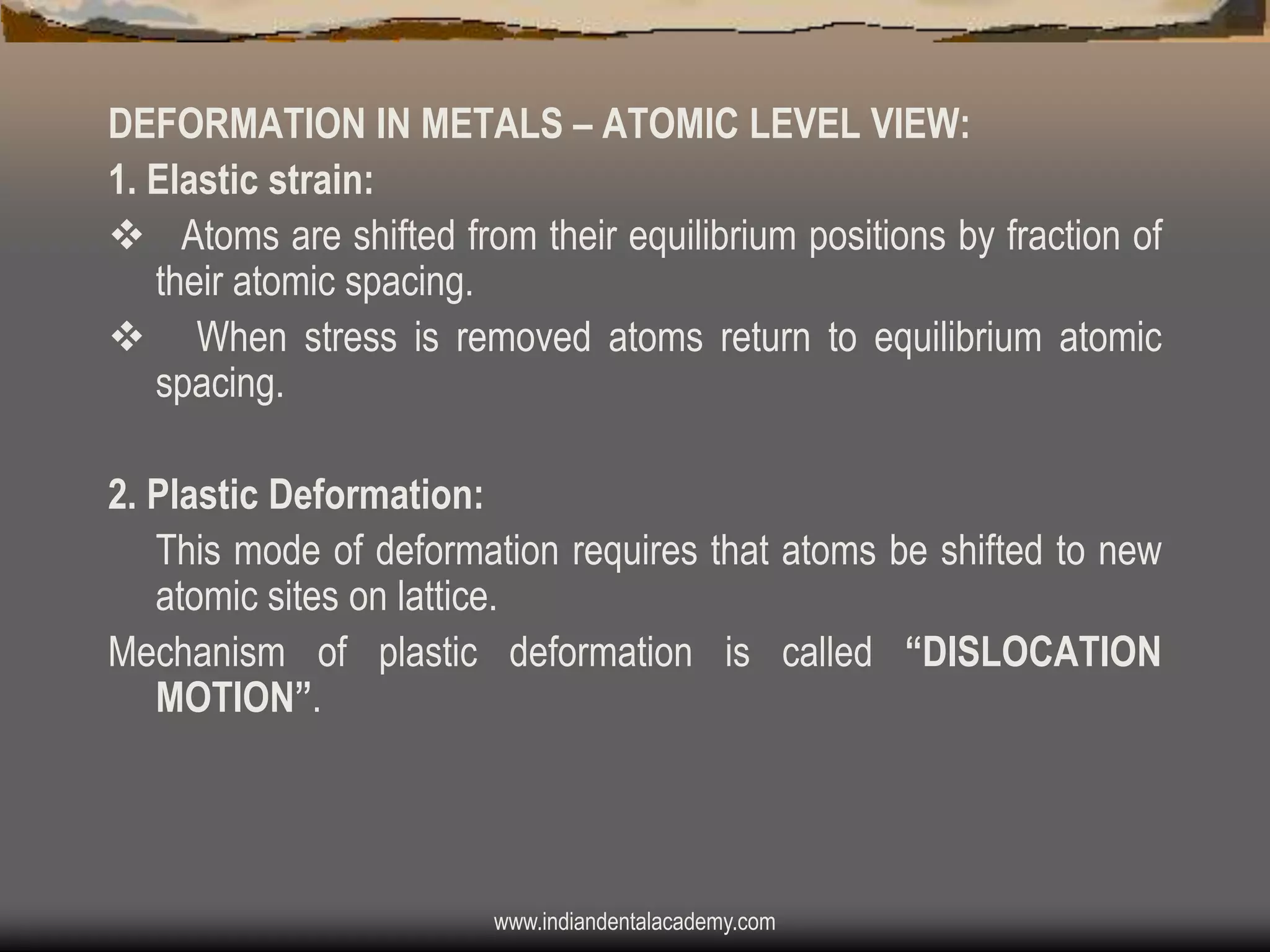 DEFORMATION IN METALS – ATOMIC LEVEL VIEW:
1. Elastic strain:
v Atoms are shifted from their equilibrium positions by fraction of
their atomic spacing.
v When stress is removed atoms return to equilibrium atomic
spacing.
2. Plastic Deformation:
This mode of deformation requires that atoms be shifted to new
atomic sites on lattice.
Mechanism of plastic deformation is called “DISLOCATION
MOTION”.

www.indiandentalacademy.com

 