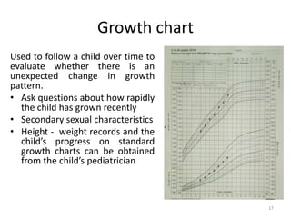 Growth chart
Used to follow a child over time to
evaluate whether there is an
unexpected change in growth
pattern.
• Ask questions about how rapidly
the child has grown recently
• Secondary sexual characteristics
• Height - weight records and the
child’s progress on standard
growth charts can be obtained
from the child’s pediatrician
17
 