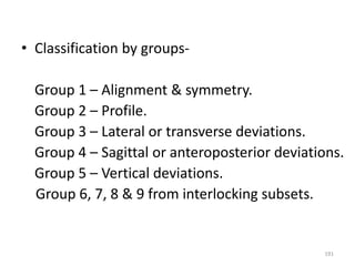 191
• Classification by groups-
Group 1 – Alignment & symmetry.
Group 2 – Profile.
Group 3 – Lateral or transverse deviations.
Group 4 – Sagittal or anteroposterior deviations.
Group 5 – Vertical deviations.
Group 6, 7, 8 & 9 from interlocking subsets.
 