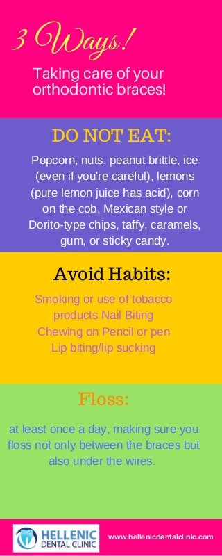 www.hellenicdentalclinic.com
Taking care of your
orthodontic braces!
DO NOT EAT:
Popcorn, nuts, peanut brittle, ice
(even if you're careful), lemons
(pure lemon juice has acid), corn
on the cob, Mexican style or
Dorito­type chips, taffy, caramels,
gum, or sticky candy.
Avoid Habits:
Smoking or use of tobacco
products Nail Biting
Chewing on Pencil or pen
Lip biting/lip sucking
Floss:
at least once a day, making sure you
floss not only between the braces but
also under the wires. 
3 Ways!
 