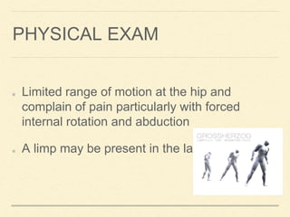 PHYSICAL EXAM
Limited range of motion at the hip and
complain of pain particularly with forced
internal rotation and abduction
A limp may be present in the late course
 