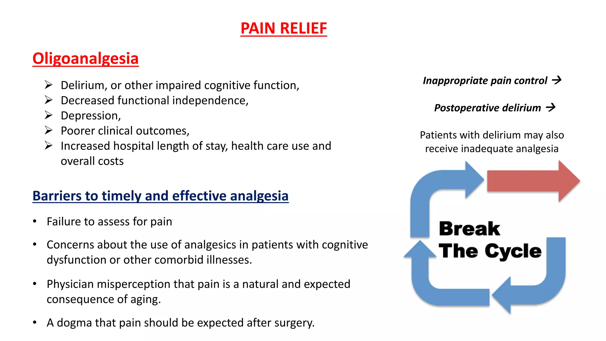 Oligoanalgesia
Barriers to timely and effective analgesia
• Failure to assess for pain
• Concerns about the use of analgesics in patients with cognitive
dysfunction or other comorbid illnesses.
• Physician misperception that pain is a natural and expected
consequence of aging.
• A dogma that pain should be expected after surgery.
PAIN RELIEF
 Delirium, or other impaired cognitive function,
 Decreased functional independence,
 Depression,
 Poorer clinical outcomes,
 Increased hospital length of stay, health care use and
overall costs
Inappropriate pain control 
Postoperative delirium 
Patients with delirium may also
receive inadequate analgesia
 