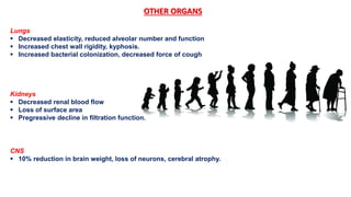OTHER ORGANS
Lungs
 Decreased elasticity, reduced alveolar number and function
 Increased chest wall rigidity, kyphosis.
 Increased bacterial colonization, decreased force of cough
Kidneys
 Decreased renal blood flow
 Loss of surface area
 Pregressive decline in filtration function.
CNS
 10% reduction in brain weight, loss of neurons, cerebral atrophy.
 