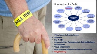 • CVA / Ischemic heart disease
• Anaemia
• DM / HTN
• Osteoarthritis / Osteoporosis / Gait and balance
disturbances
• Visual impairment
• Depression / Parkinson’s disease / Dementia
• Polypharmacy
 