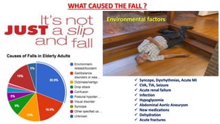  Syncope, Dysrhythmias, Acute MI
 CVA, TIA, Seizure
 Acute renal failure
 Infection
 Hypoglycemia
 Abdominal Aortic Aneurysm
 New medications
 Dehydration
 Acute fractures
WHAT CAUSED THE FALL ?
Environmental factors
 