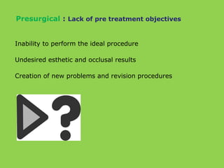 Inability to perform the ideal procedure
Undesired esthetic and occlusal results
Creation of new problems and revision procedures
Presurgical : Lack of pre treatment objectives
 