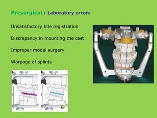 Unsatisfactory bite registration
Discrepancy in mounting the cast
Improper model surgery
Warpage of splints
Presurgical : Laboratory errors
 