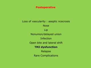 Postoperative
Loss of vascularity : aseptic ncecrosis
Nose
Lip
Nonunion/delayed union
Infection
Open bite and lateral shift
TMJ dysfunction
Relapse
Rare Complications
 