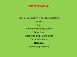 POSTOPERATIVE
Loss of vascularity : aseptic ncecrosis
Nose
Lip
Nonunion/delayed union
Infection
Open bite and lateral shift
TMJ dysfunction
Relapse
Rare Complications
 