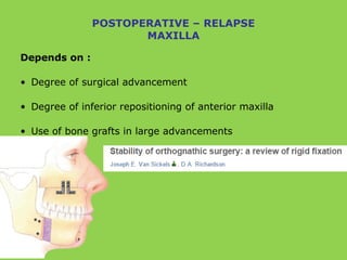 Depends on :
• Degree of surgical advancement
• Degree of inferior repositioning of anterior maxilla
• Use of bone grafts in large advancements
POSTOPERATIVE – RELAPSE
MAXILLA
 