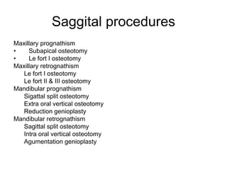 Saggital procedures
Maxillary prognathism
• Subapical osteotomy
• Le fort I osteotomy
Maxillary retrognathism
Le fort I osteotomy
Le fort II & III osteotomy
Mandibular prognathism
Sigattal split osteotomy
Extra oral vertical osteotomy
Reduction genioplasty
Mandibular retrognathism
Sagittal split osteotomy
Intra oral vertical osteotomy
Agumentation genioplasty
 