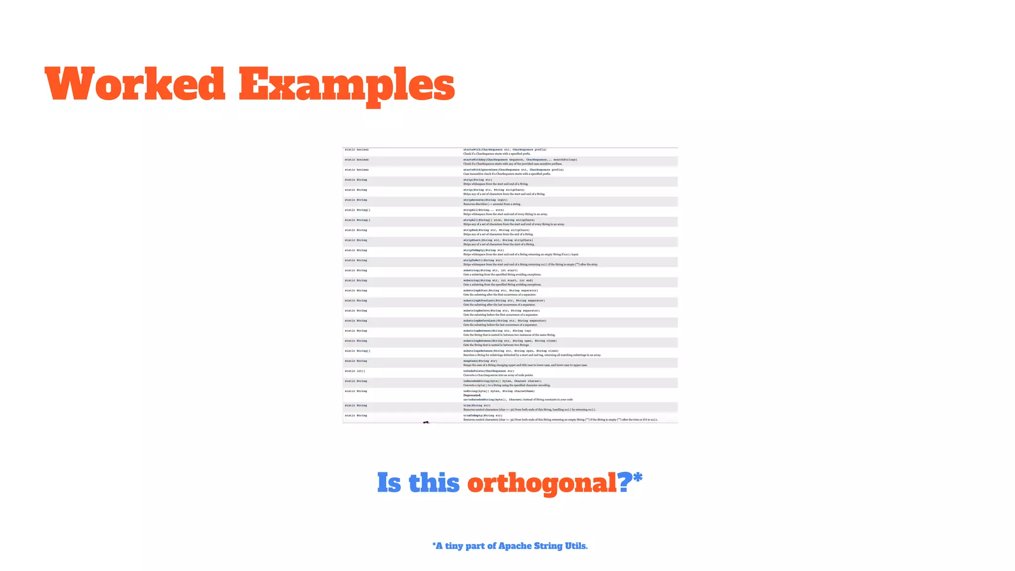 Worked Examples
Is this orthogonal?*
*A tiny part of Apache String Utils.
 