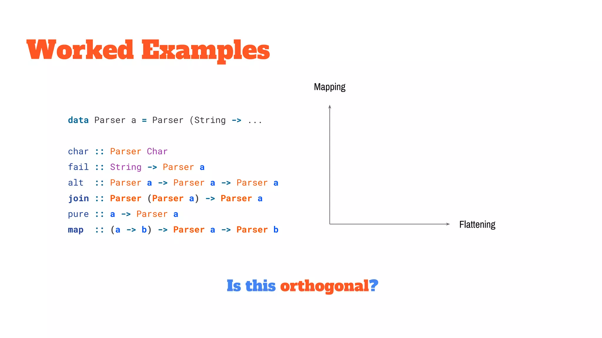 Worked Examples
Is this orthogonal?
data Parser a = Parser (String -> ...
char :: Parser Char
fail :: String -> Parser a
alt :: Parser a -> Parser a -> Parser a
join :: Parser (Parser a) -> Parser a
pure :: a -> Parser a
map :: (a -> b) -> Parser a -> Parser b
Mapping
Flattening
 