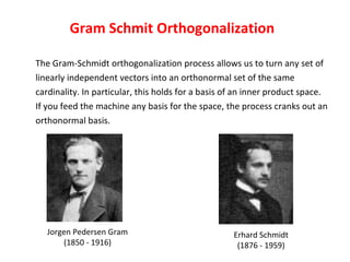 Gram Schmit Orthogonalization The Gram-Schmidt orthogonalization process allows us to turn any set of  linearly independent vectors into an orthonormal set of the same  cardinality. In particular, this holds for a basis of an inner product space.  If you feed the machine any basis for the space, the process cranks out an  orthonormal basis. Jorgen Pedersen Gram (1850 - 1916) Erhard Schmidt (1876 - 1959) 