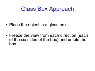 Glass Box Approach <ul><li>Place the object in a glass box </li></ul><ul><li>Freeze the view from each direction (each of ...