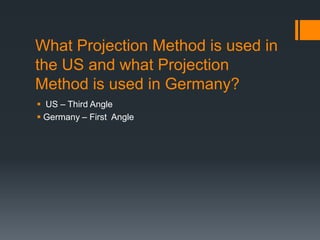 What Projection Method is used in
the US and what Projection
Method is used in Germany?
US – Third Angle
Germany – First Angle