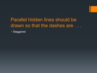 Parallel hidden lines should be
drawn so that the dashes are . . .
Staggered