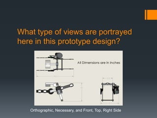 What type of views are portrayed
here in this prototype design?
Orthographic, Necessary, and Front, Top, Right Side