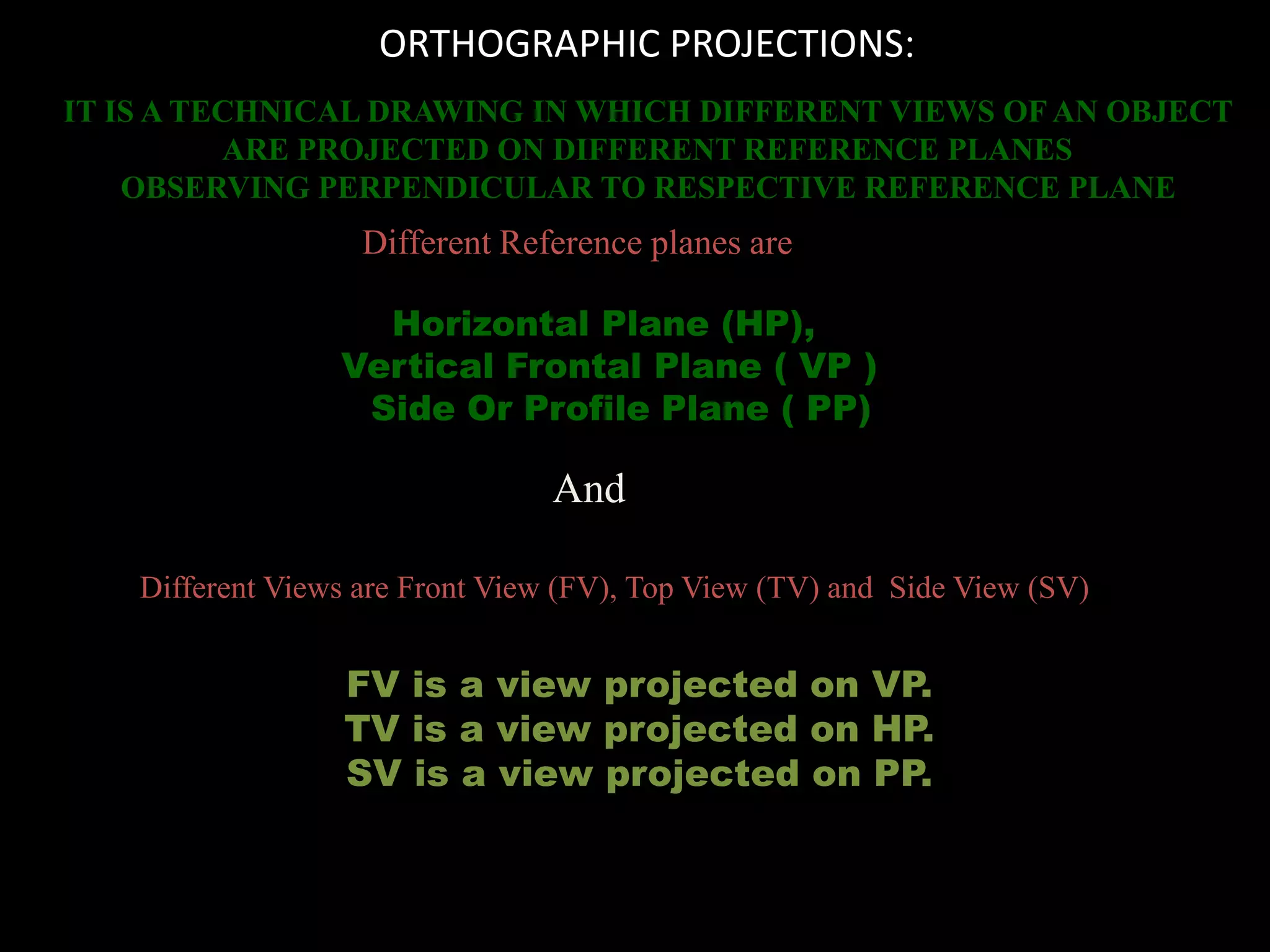 ORTHOGRAPHIC PROJECTIONS:
Horizontal Plane (HP),
Vertical Frontal Plane ( VP )
Side Or Profile Plane ( PP)
Different Reference planes are
FV is a view projected on VP.
TV is a view projected on HP.
SV is a view projected on PP.
And
Different Views are Front View (FV), Top View (TV) and Side View (SV)
IT IS A TECHNICAL DRAWING IN WHICH DIFFERENT VIEWS OF AN OBJECT
ARE PROJECTED ON DIFFERENT REFERENCE PLANES
OBSERVING PERPENDICULAR TO RESPECTIVE REFERENCE PLANE
 