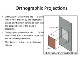 Orthographic Projections
• Orthographic projections are drawings
where the projectors, the observer or
station point remain parallel to each other
and perpendicular to the plane of
projection.
• Orthographic projections are further
subdivided into axonometric projections
and multi-view projections.
• Effective in technical representation of
objects
 