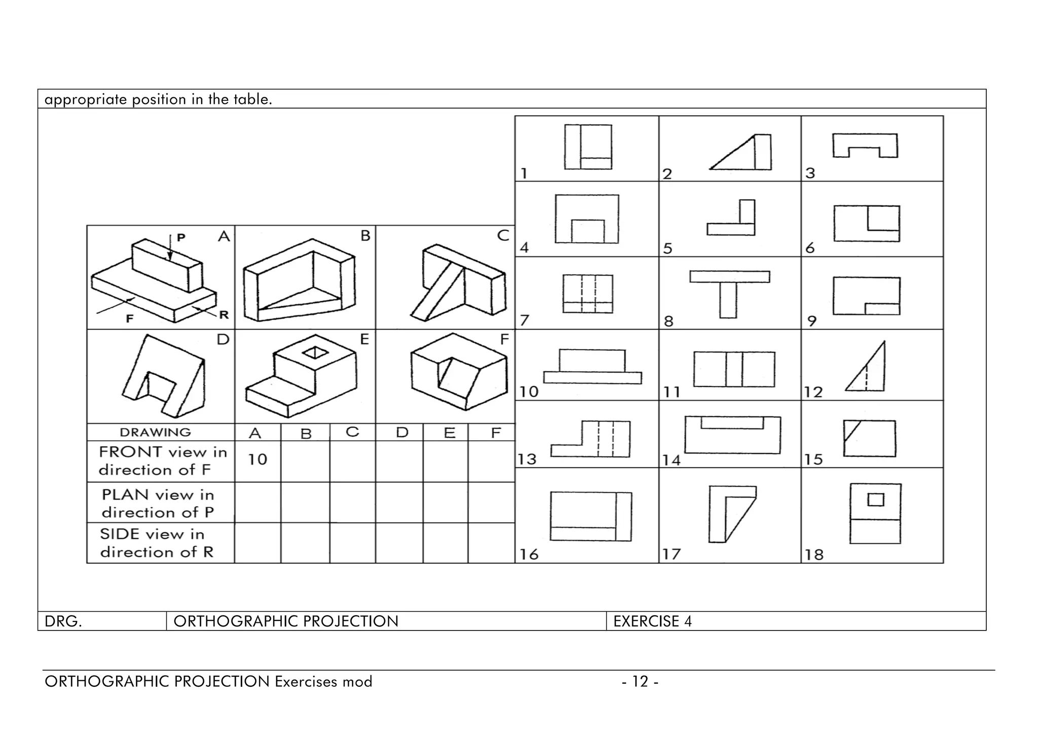 appropriate position in the table. 
DRG. 
ORTHOGRAPHIC PROJECTION 
EXERCISE4 
ORTHOGRAPHIC PROJECTION Exercises mod - 12 - 
 
