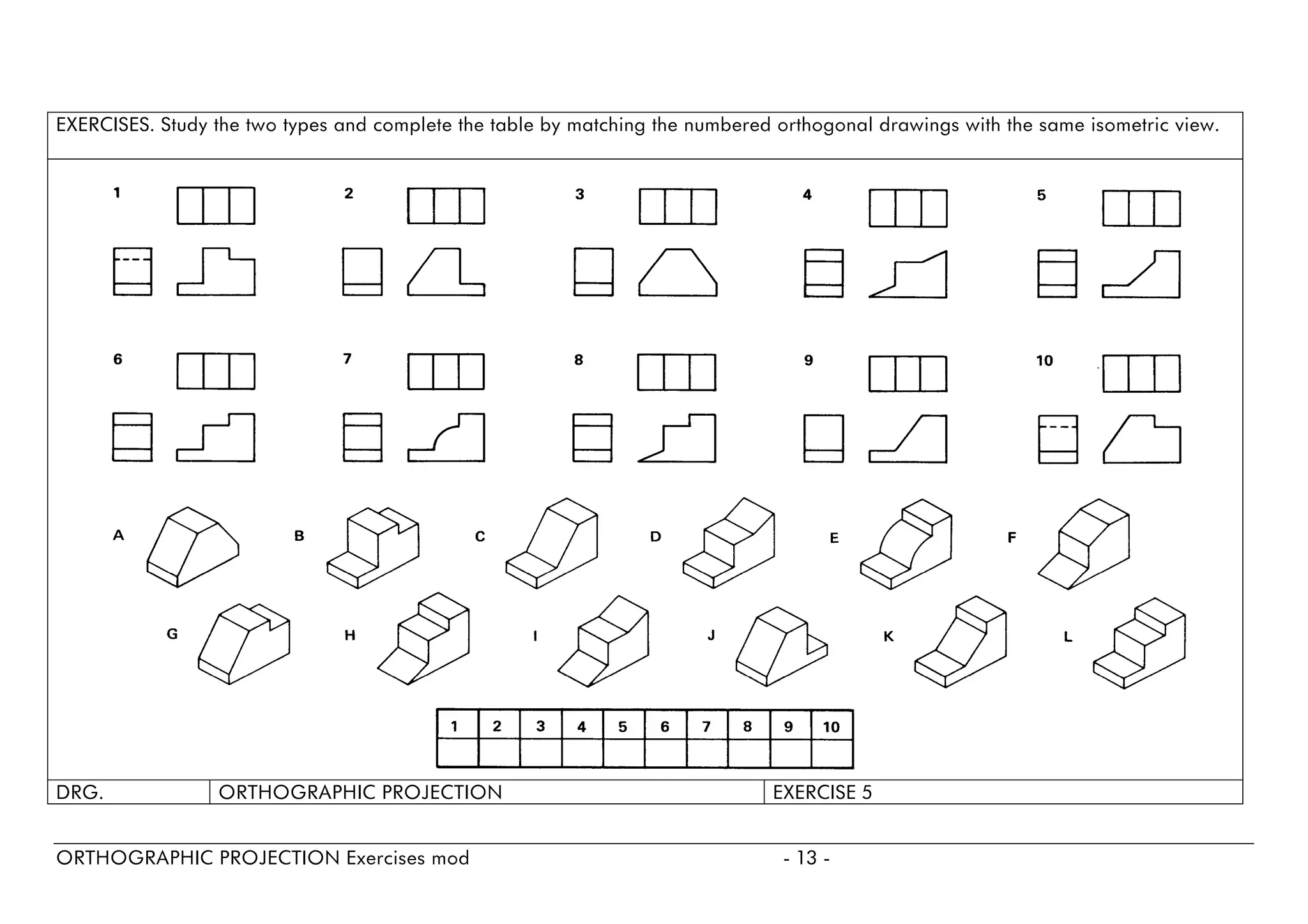 EXERCISES. Study the two types and complete the table by matching the numbered orthogonal drawings with the same isometric view. 
DRG. 
ORTHOGRAPHIC PROJECTION 
EXERCISE5 
ORTHOGRAPHIC PROJECTION Exercises mod - 13 - 
 