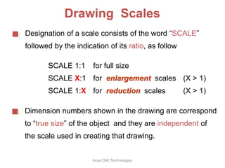 Drawing Scales
Designation of a scale consists of the word “SCALE”
followed by the indication of its ratio, as follow
SCALE 1:1 for full size
SCALE X:1 for enlargement scales (X > 1)
SCALE 1:X for reduction scales (X > 1)
Dimension numbers shown in the drawing are correspond
to “true size” of the object and they are independent of
the scale used in creating that drawing.
Arya CNC Technologies
 