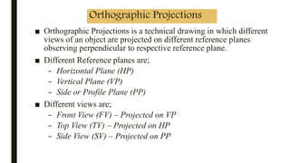 Orthographic Projections
■ Orthographic Projections is a technical drawing in which different
views of an object are projected on different reference planes
observing perpendicular to respective reference plane.
■ Different Reference planes are;
– Horizontal Plane (HP)
– Vertical Plane (VP)
– Side or Profile Plane (PP)
■ Different views are;
– Front View (FV) – Projected on VP
– Top View (TV) – Projected on HP
– Side View (SV) – Projected on PP
 