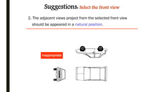 Inappropriate
2. The adjacent views project from the selected front view
should be appeared in a natural position.
Suggestions: Select the front view
 