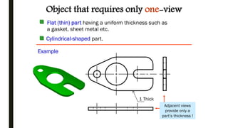 Object that requires only one-view
Flat (thin) part having a uniform thickness such as
a gasket, sheet metal etc.
Adjacent views
provide only a
part’s thickness !
1 Thick
Cylindrical-shaped part.
Example
 