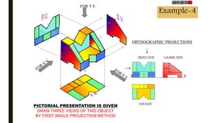 FOR T.V.
ORTHOGRAPHIC PROJECTIONS
FRONT VIEW
TOP VIEW
L.H.SIDE VIEW
X Y
PICTORIAL PRESENTATION IS GIVEN
DRAW THREE VIEWS OF THIS OBJECT
BY FIRST ANGLE PROJECTION METHOD
Example-4
 