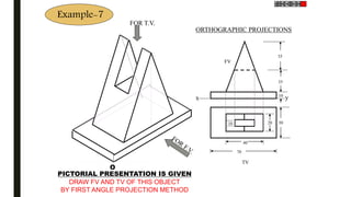Example-7
x y
FV
35
35
10
TV
302010
40
70
O
FOR T.V.
PICTORIAL PRESENTATION IS GIVEN
DRAW FV AND TV OF THIS OBJECT
BY FIRST ANGLE PROJECTION METHOD
ORTHOGRAPHIC PROJECTIONS
 
