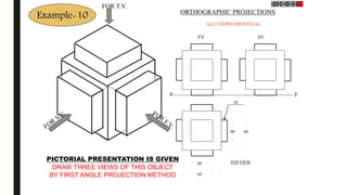 FOR T.V.
PICTORIAL PRESENTATION IS GIVEN
DRAW THREE VIEWS OF THIS OBJECT
BY FIRST ANGLE PROJECTION METHOD
ORTHOGRAPHIC PROJECTIONS
x y
FV SV
ALL VIEWS IDENTICAL
40 60
60
40
10
TOP VIEW
Example-10
 
