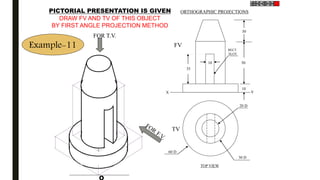 20 D
30 D
60 D
TV
10
30
50
10
35
FV
X Y
RECT.
SLOT
FOR T.V.
PICTORIAL PRESENTATION IS GIVEN
DRAW FV AND TV OF THIS OBJECT
BY FIRST ANGLE PROJECTION METHOD
ORTHOGRAPHIC PROJECTIONS
TOP VIEW
Example-11
 