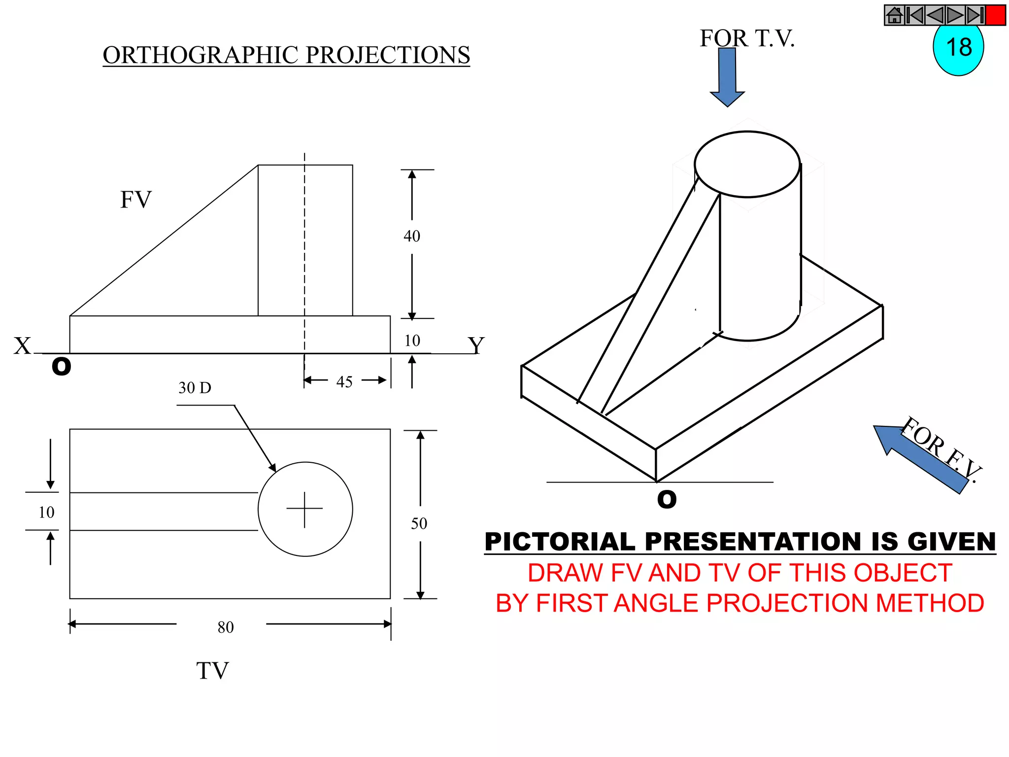 50
80
10
30 D
TV
O
FOR T.V.
PICTORIAL PRESENTATION IS GIVEN
DRAW FV AND TV OF THIS OBJECT
BY FIRST ANGLE PROJECTION METHOD
18
ORTHOGRAPHIC PROJECTIONS
40
10
45
FV
O
X Y
 
