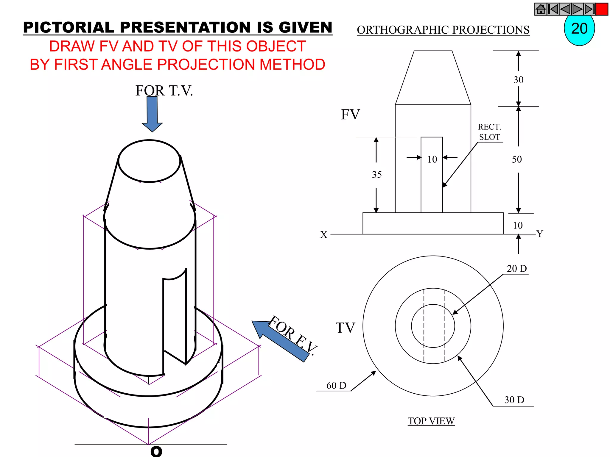 20 D
30 D
60 D
TV
10
30
50
10
35
FV
X Y
RECT.
SLOT
FOR T.V.
PICTORIAL PRESENTATION IS GIVEN
DRAW FV AND TV OF THIS OBJECT
BY FIRST ANGLE PROJECTION METHOD
20
ORTHOGRAPHIC PROJECTIONS
TOP VIEW
 