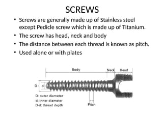 SCREWS
• Screws are generally made up of Stainless steel
except Pedicle screw which is made up of Titanium.
• The screw has head, neck and body
• The distance between each thread is known as pitch.
• Used alone or with plates
 
