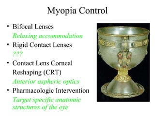 Myopia Control
• Bifocal Lenses
Relaxing accommodation
• Rigid Contact Lenses
???
• Contact Lens Corneal
Reshaping (CRT)
Anterior aspheric optics
• Pharmacologic Intervention
Target specific anatomic
structures of the eye
 
