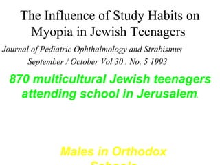 The Influence of Study Habits on
Myopia in Jewish Teenagers
Journal of Pediatric Ophthalmology and Strabismus
September / October Vol 30 . No. 5 1993
870 multicultural Jewish teenagers
attending school in Jerusalem.
Females in General Schools
Females in Orthodox
Schools
Males in General School
Males in Orthodox
 