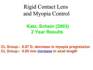 Rigid Contact Lens
and Myopia Control
Katz, Schein (2003)
2 Year Results
American Journal of Ophthalmology
Subjects wearing
CL Group:- 0.07 D. decrease in myopia progression
CL Group:- 0.05 mm increase in axial length
 