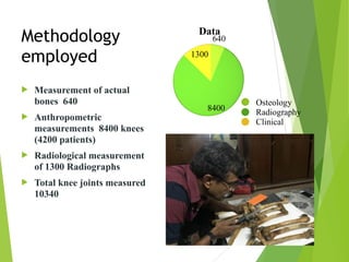Methodology
employed
! Measurement of actual
bones 640
! Anthropometric
measurements 8400 knees
(4200 patients)
! Radiological measurement
of 1300 Radiographs
! Total knee joints measured
10340
Osteology
Radiography
Clinical
 