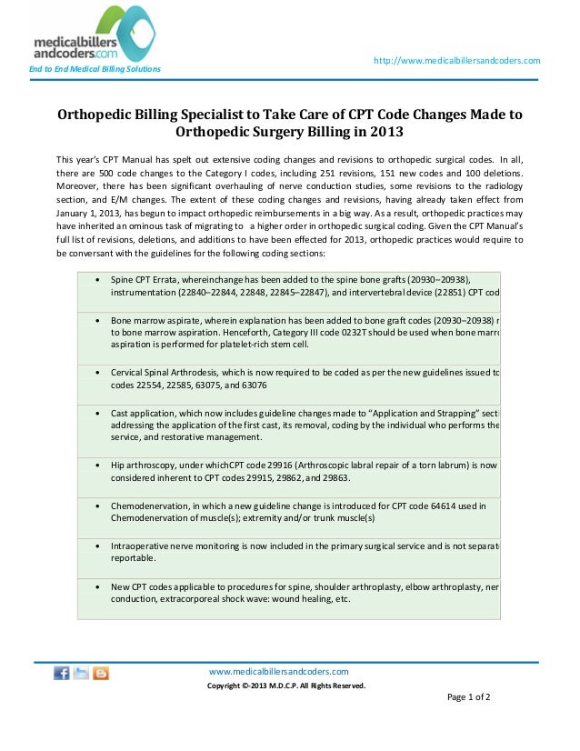Orthopedic Billing Specialist to Take Care of CPT Code Changes Made to