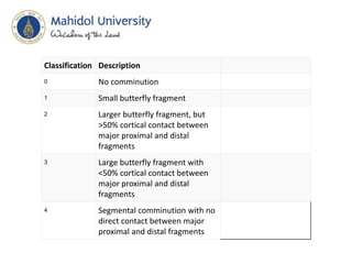 Classification Description
0 No comminution
1 Small butterfly fragment
2 Larger butterfly fragment, but
>50% cortical contact between
major proximal and distal
fragments
3 Large butterfly fragment with
<50% cortical contact between
major proximal and distal
fragments
4 Segmental comminution with no
direct contact between major
proximal and distal fragments
 