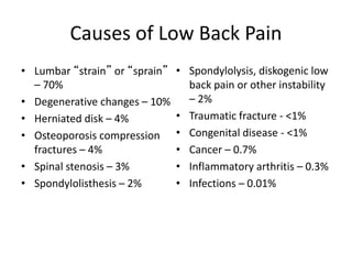 Causes of Low Back Pain
• Lumbar “strain” or “sprain”
– 70%
• Degenerative changes – 10%
• Herniated disk – 4%
• Osteoporosis compression
fractures – 4%
• Spinal stenosis – 3%
• Spondylolisthesis – 2%
• Spondylolysis, diskogenic low
back pain or other instability
– 2%
• Traumatic fracture - <1%
• Congenital disease - <1%
• Cancer – 0.7%
• Inflammatory arthritis – 0.3%
• Infections – 0.01%
 