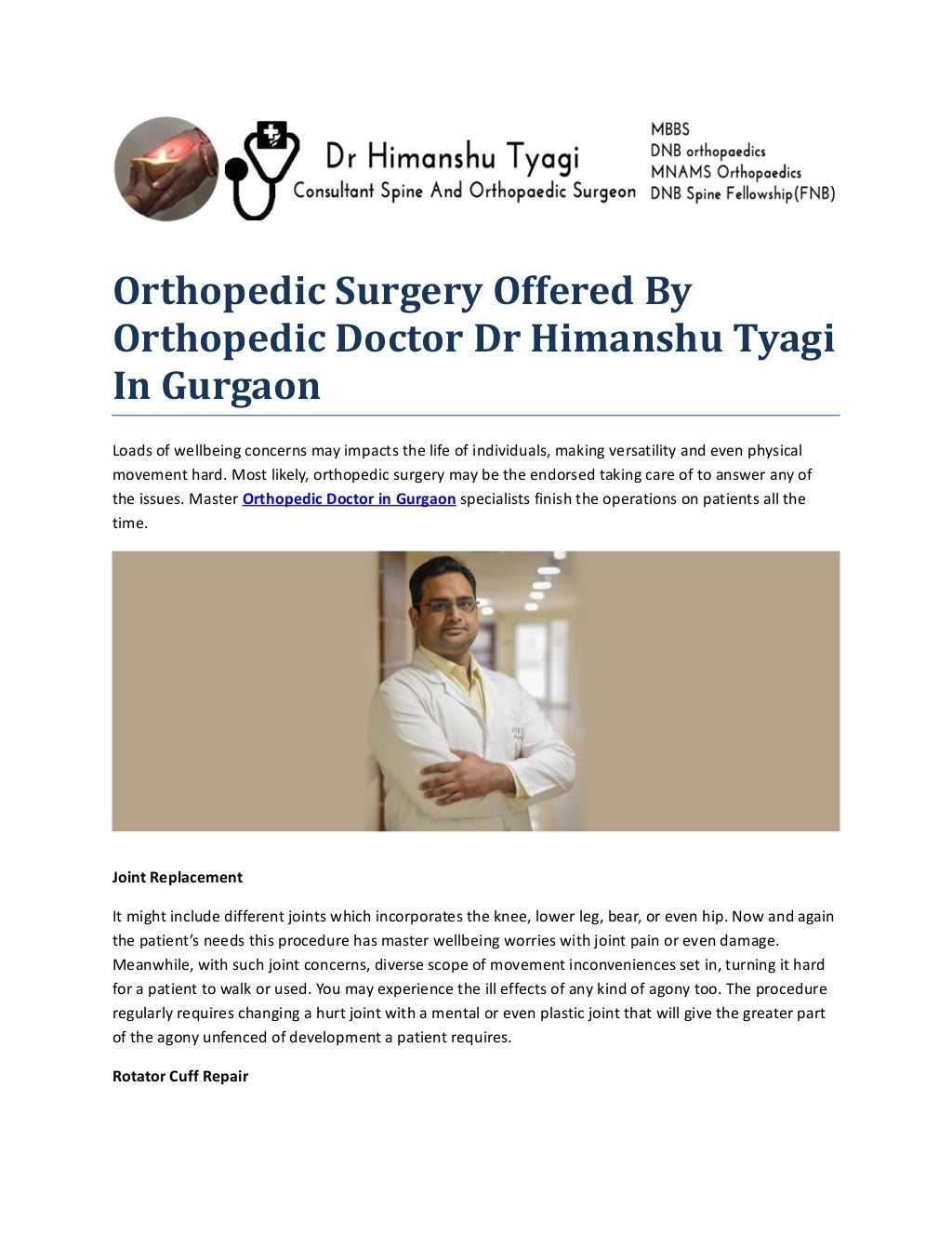 Orthopedic Surgery Offered By Orthopedic Doctor Dr Himanshu Tyagi In