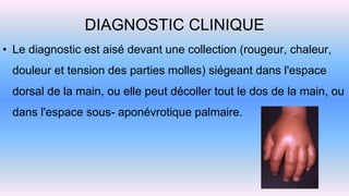 DIAGNOSTIC CLINIQUE
• Le diagnostic est aisé devant une collection (rougeur, chaleur,
douleur et tension des parties molles) siégeant dans l'espace
dorsal de la main, ou elle peut décoller tout le dos de la main, ou
dans l'espace sous- aponévrotique palmaire.
 