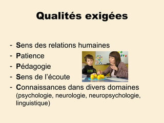 Qualités exigées S ens des relations humaines P atience P édagogie S ens de l’écoute C onnaissances dans divers domaines  (psychologie, neurologie, neuropsychologie, linguistique) 
