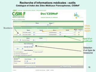 Recherche d’informations médicales : outils
           Catalogue et Index des Sites Médicaux Francophones, CISMeF




                                                                          Choix
Booléens                                                                  terme
                                                                          MeSH


                                                                        Ajout d’un
                                                                        qualificatif


                                                                        Sélection
                                                                        d’un type de
                                                                        ressource




                                                                               16
 