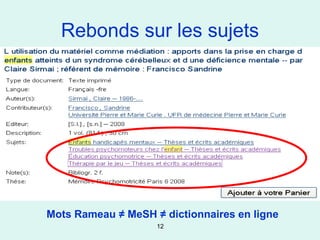 Rebonds sur les sujets




Mots Rameau ≠ MeSH ≠ dictionnaires en ligne
                    12
 